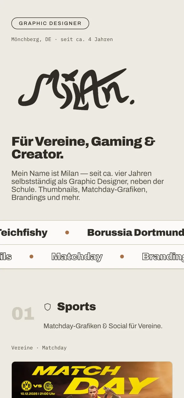 Početna stranica milanpsb na mobitelu: oznaka „Graphic Designer“, rukom pisani logotip „Milan.“ i naslov „Für Vereine, Gaming & Creator.“