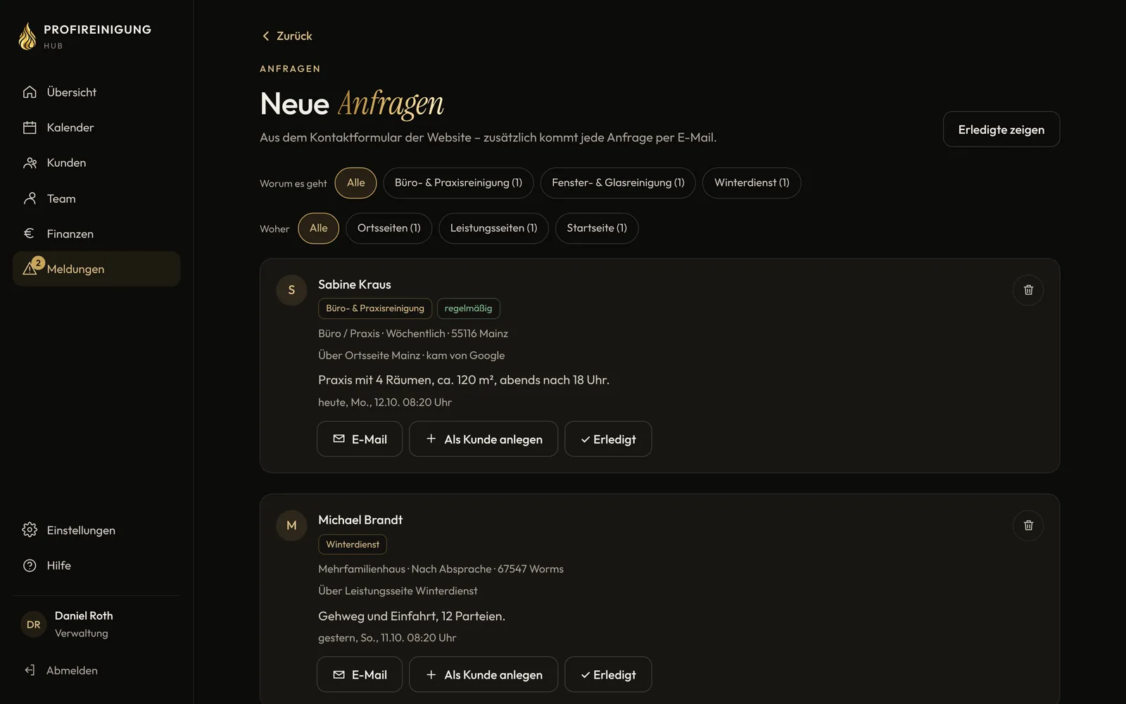 List of new enquiries in the hub with filters by service and source