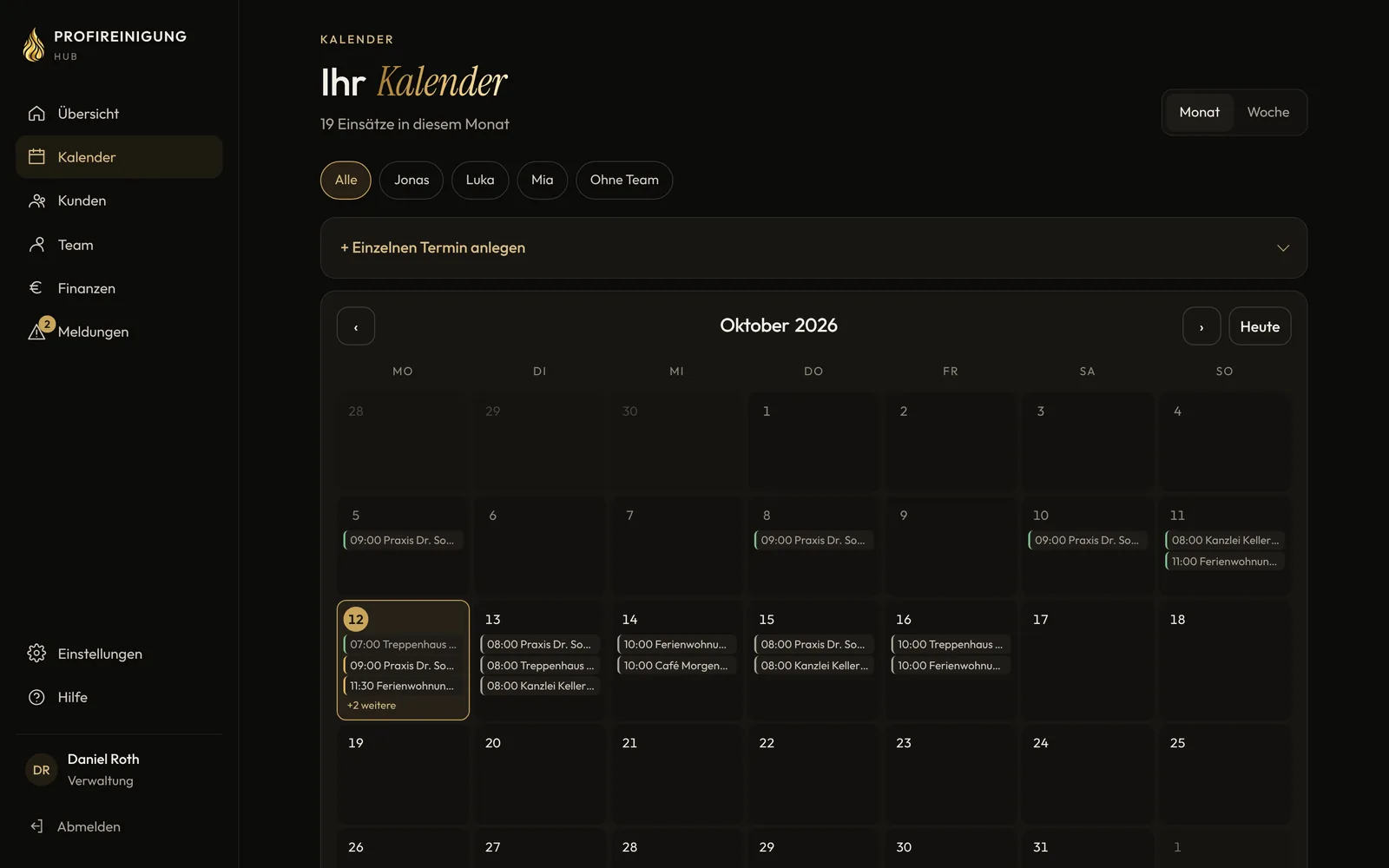 Monthly calendar in the hub with jobs and a filter by person