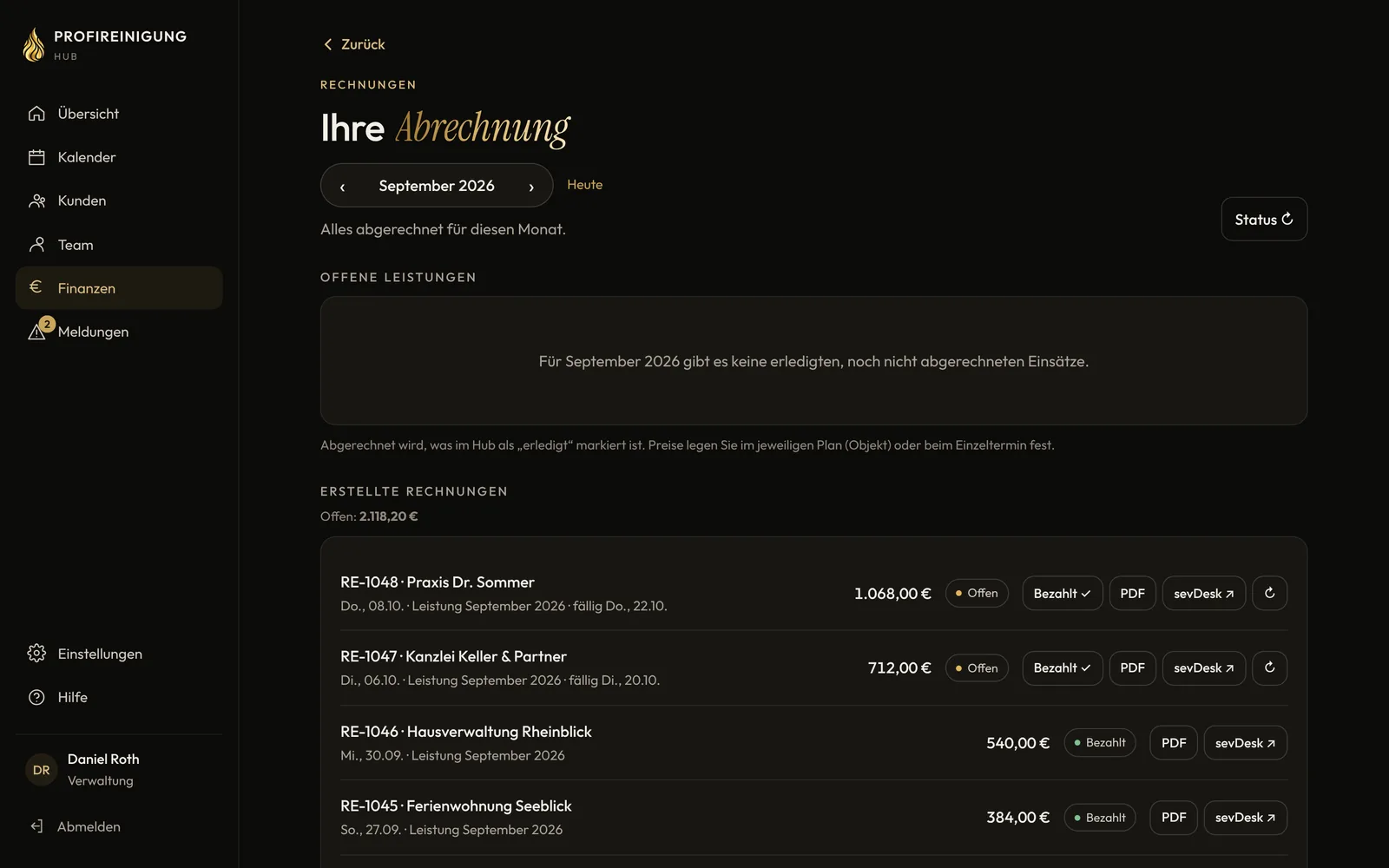 Monthly invoicing in the hub with issued invoices and their status