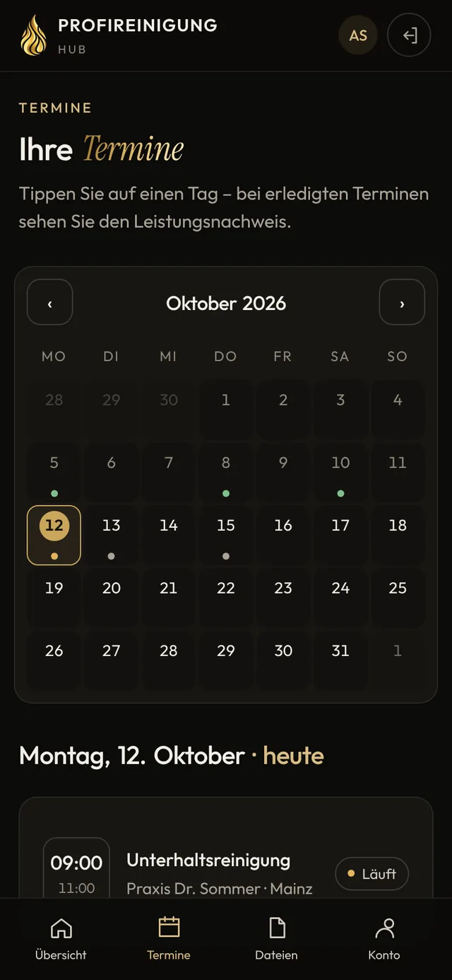 Customer portal: calendar with completed and planned appointments