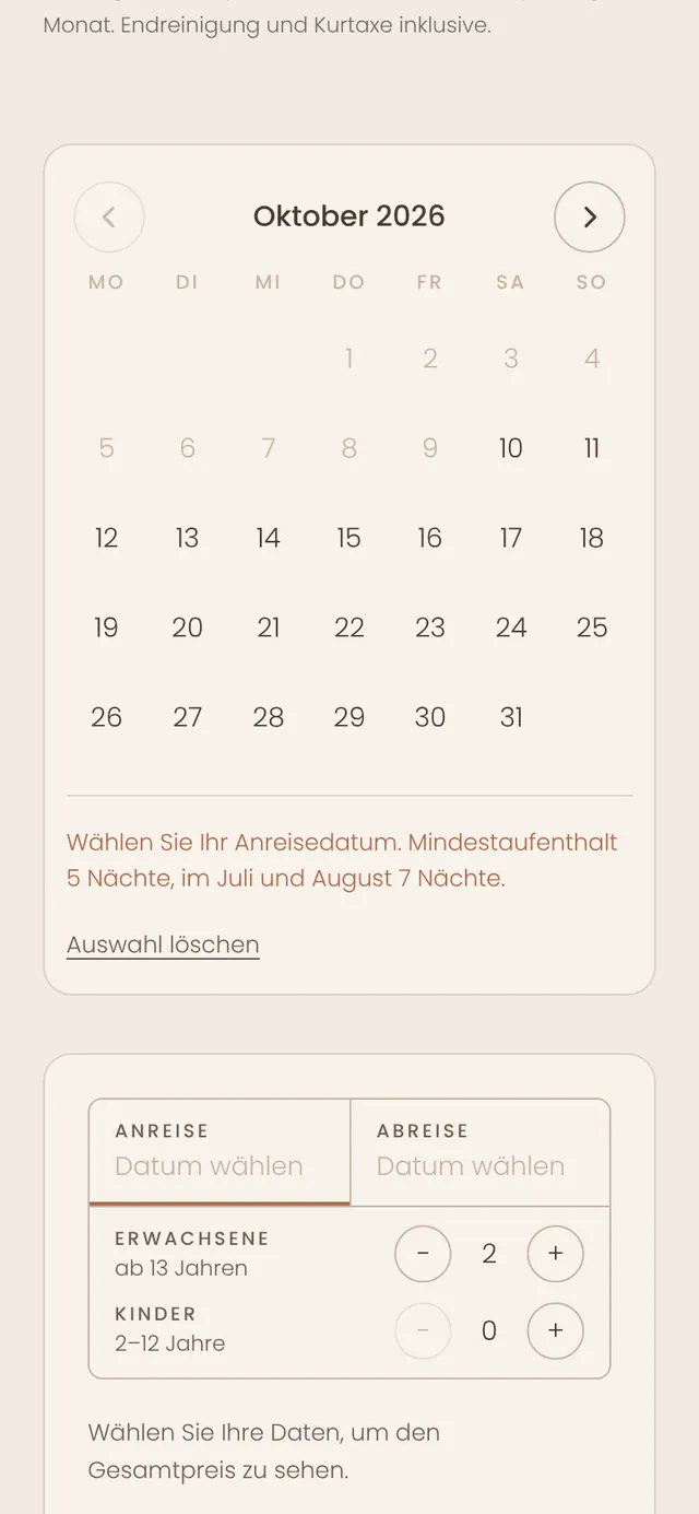 Buchungskalender von Villa Promise auf dem Handy