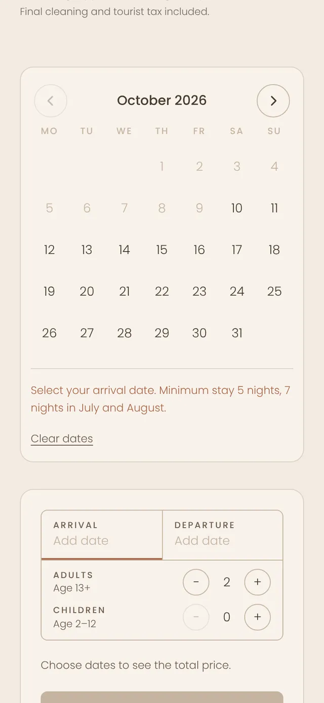 Kalendar rezervacija web-stranice Villa Promise na mobitelu