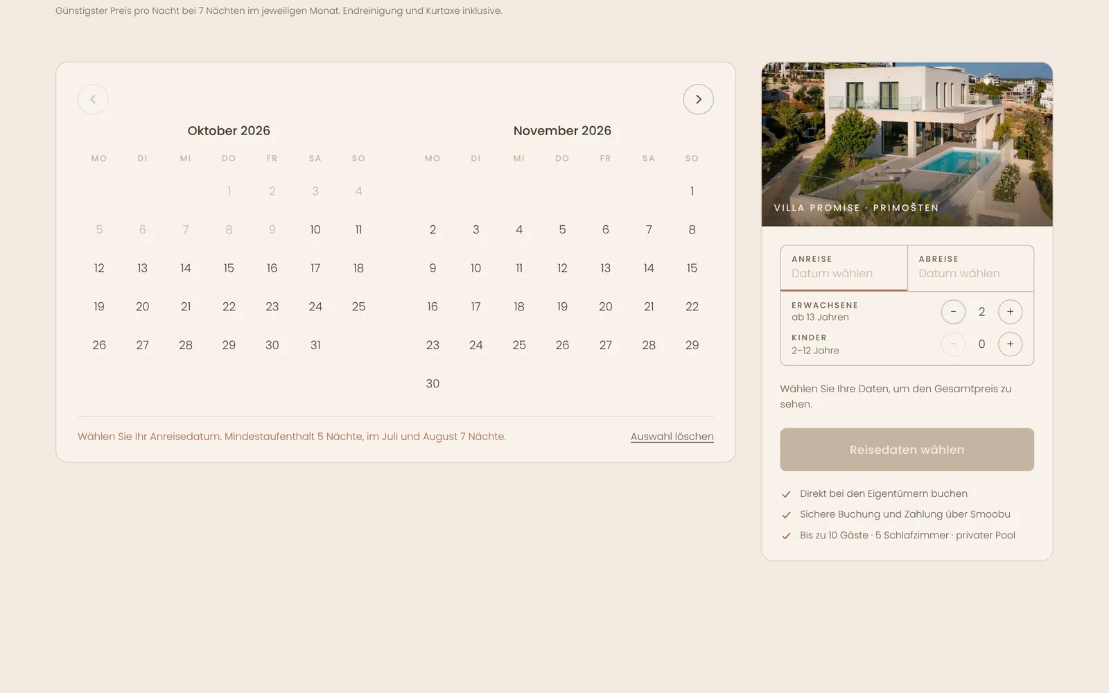 Buchungsbereich von Villa Promise mit zwei Monaten Kalender und Feldern für Gäste