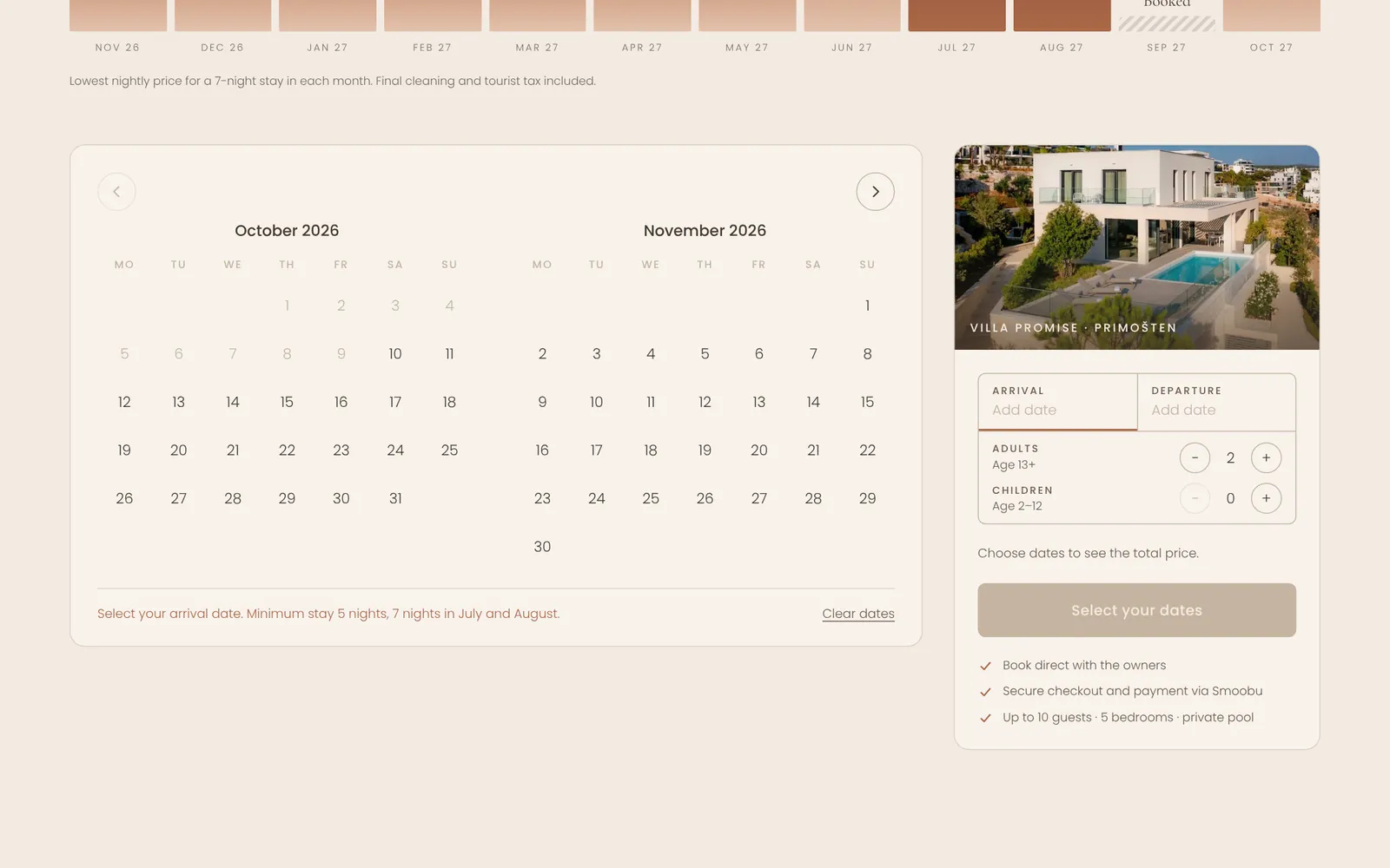 Odjeljak za rezervacije na web-stranici Villa Promise s kalendarom za dva mjeseca i poljima za goste