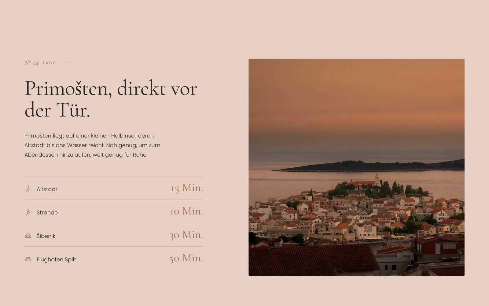 Abschnitt zur Lage von Villa Promise mit Wegezeiten und Blick auf Primošten