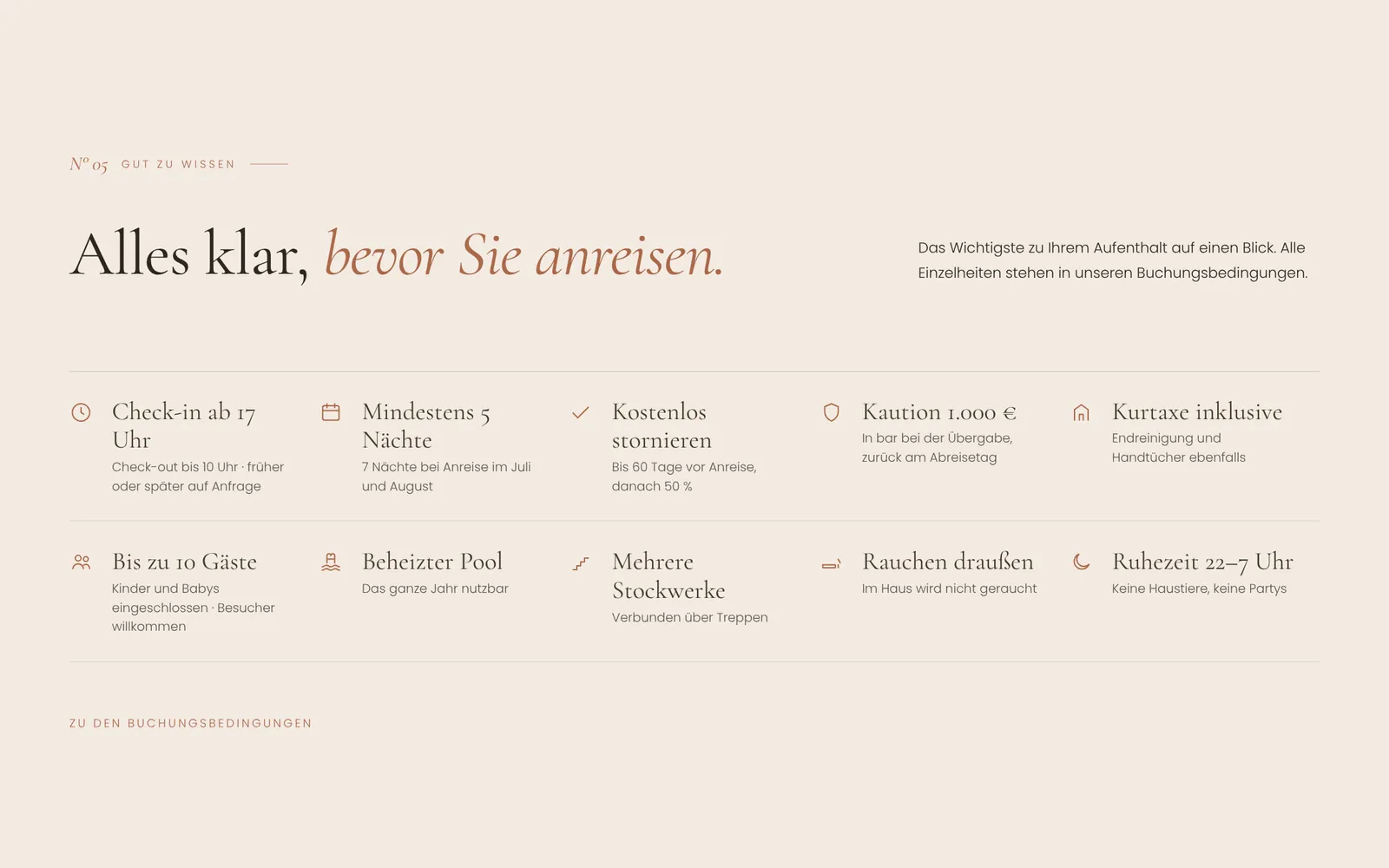 Abschnitt „Good to know“ von Villa Promise mit Check-in, Mindestaufenthalt und Stornierung